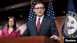 U.S. House of Representatives Speaker Mike Johnson meets with reporters during a weekly press conference at Capitol Hill in Washington, April 16, 2024. 