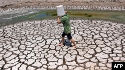 FILE - A man carries a plastic bucket across the cracked bed of a dried-up pond in Vietnam's southern Ben Tre province, March 19, 2024.