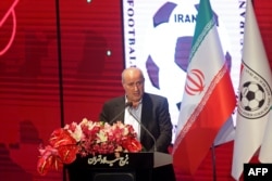FILE - President of the Iranian Football Federation Mehdi Taj speaks at Milad Tower in Tehran, on Nov. 8, 2022.