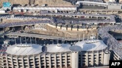 An aerial view of the walkway leading to the pillars where pilgrims throw stones on the second day of the 'Jamarat', the symbolic stoning of the devil ritual, in Mina, near Mecca, June 28, 2023. (AFP photo/handout/Saudi Press Agency)