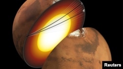 An undated artist’s depiction of the Martian interior and the paths taken by seismic waves as they traveled through the planet’s core. (NASA/JPL and Nicholas Schmerr/Handout via Reuters)