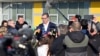 FILE - Serbian President Aleksandar Vucic speaks to reporters in Belgrade, April 3, 2022. Serbia has a vibrant media landscape, but reporters often face political pressure, according to press freedom groups.