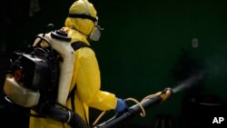A public health worker sprays insecticide during a fumigation campaign against dengue-promoting mosquitoes, in the Ceilandia neighborhood of Brasilia, Brazil, Feb. 16, 2024.