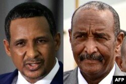 FILE - This combination of pictures shows, at right, Sudan's army chief, Lieutenant-General Abdel Fattah al-Burhan in Juba on Oct. 14, 2019; and Mohamed Hamdan Daglo, who commands the paramilitary Rapid Support Forces, in Khartoum on March 2, 2022.