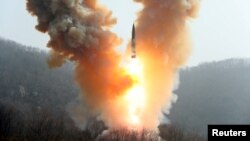 A view shows a missile fired by the North Korean military at an undisclosed location in this image released by North Korea's Central News Agency (KCNA) on March 20, 2023. (KCNA via Reuters)