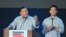 Capres nomor urut 2, Prabowo Subianto, kiri, berpidato setelah berbagai lembaga survei menyebut Prabowo unggul dalam hasil hitung cepat, Rabu (14/2).