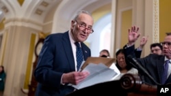 Senate Majority Leader Chuck Schumer, D-N.Y., addresses reporters at the Capitol in Washington, May 21, 2024.