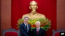 U.S. Secretary of State Antony Blinken meets with Vietnam's Communist Party General Secretary Nguyen Phu Trong in Hanoi, Vietnam, April 15, 2023.