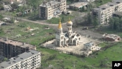 In this photo taken from a drone video provided by Ukraine Patrol Police, St. Boris and Gleb church is seen destroyed in Chasiv Yar, Ukraine, April 29, 2024.