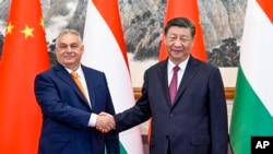 In this photo released by Xinhua News Agency, Hungarian Prime Minister Viktor Orban, left, shakes hands with Chinese President Xi Jinping before a meeting at the Diaoyutai State Guesthouse in Beijing, July 8, 2024. (Li Xueren/Xinhua via AP)