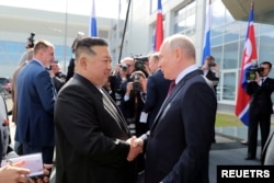FILE - North Korean leader Kim Jong Un meets Russia's President Vladimir Putin at the Vostochny ?osmodrome in the Amur Oblast of the Far East Region, Russia, September 13, 2023 in this image released by North Korea's Korean Central News Agency.