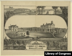 An 1880 lithograph showing the University of Minnesota, Minneapolis, Minn. Founded in 1851, the university received land grant status through the Morrill Act of 1862.