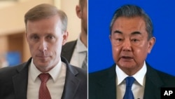 FILE - This combination of photos shows U.S. National Security Advisor Jake Sullivan, left, in Davos, Switzerland, on Jan. 16, 2024 and Chinese Foreign Minister Wang Yi in Beijing, on Jan. 9, 2024.