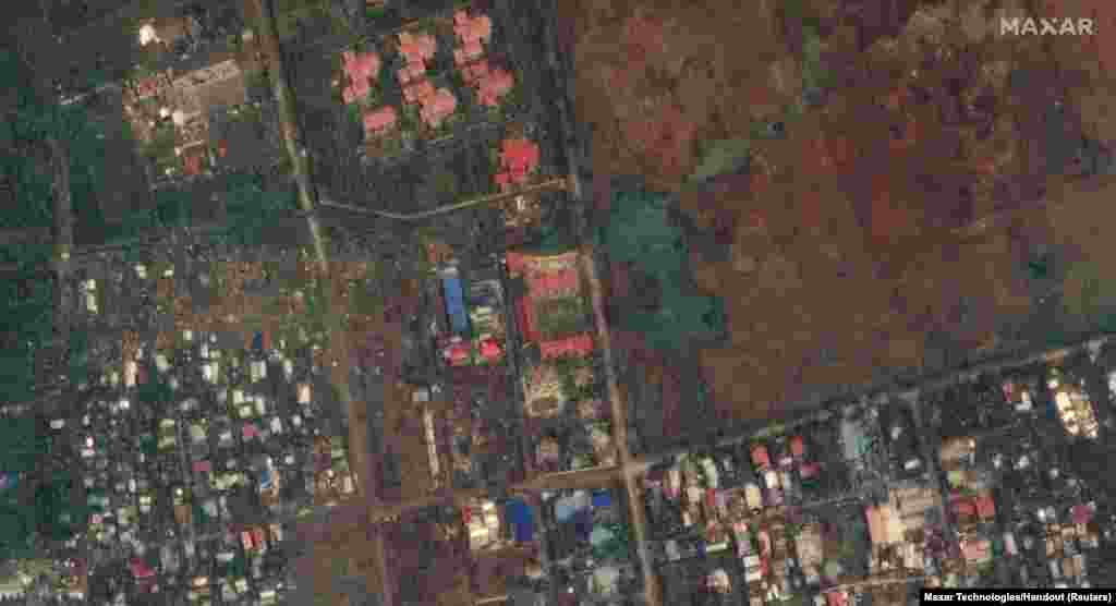 အင်အားပြင်ဆိုင်ကလုံး"မိုခါ" မဝင်ရောက်မီနဲ့ ဝင်ရောက်အပြီး ရခိုင်ပြည်နယ် စစ်တွေမြို့က အဆောက်အဦတချို့ကို ဝေဟင်မှတွေ့ရစဉ် (ဖေဖော်ဝါရီ ၁၇ >&nbsp;မေ ၁၅၊ ၂၀၂၃)