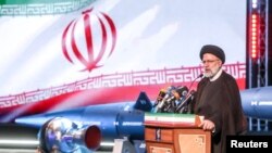 FILE - Iranian President Ebrahim Raisi speaks during the unveiling ceremony of the new ballistic missile called Fattah, in Tehran, Iran, June 6, 2023. (IRGC/WANA/Handout via Reuters)