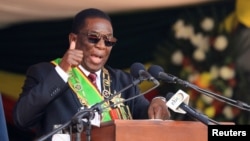 Zimbabwe President Emmerson Mnangagwa speaks during his inauguration at the National Sports Stadium in Harare, Sept. 4, 2023.
