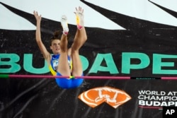 Yaroslava Mahuchikh of Ukraine competes in the Women's high jump final during the World Athletics Championships in Budapest, Hungary, Aug. 27, 2023.