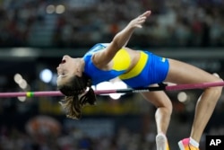 Yaroslava Mahuchikh of Ukraine makes an attempt in the Women's high jump final during the World Athletics Championships in Budapest, Hungary, Aug. 27, 2023.