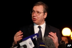 FILE - Serbia's President Aleksandar Vucic speaks at North Macedonia's lakeside resort of Ohrid, March 18. 2023.