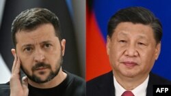 FILE - This combination of pictures created April 26, 2023, shows Ukrainian President Volodymyr Zelensky and China's President Xi Jinping.