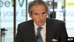 Director General of the International Atomic Energy Agency (IAEA) Rafael Grossi speaks to the media upon returning from his official visit to the Islamic Republic of Iran, on May 7, 2024, at the Vienna airport in Vienna, Austria. 