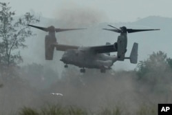 A U.S. Marines OV-22 Osprey lands during a joint military exercise called "Balikatan", Tagalog for shoulder-to-shoulder in a Naval station in Zambales province, northern Philippines, April 26, 2023.