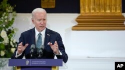 FILE - President Joe Biden speaks during a banquet dinner at Dublin Castle, April 13, 2023, in Dublin, Ireland. 