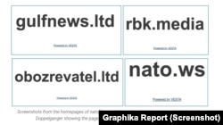 Скриншоты домашних страниц фейкового сайта НАТО - nato.ws (адрес официального вебсайта Североатлантического альянса - nato.int), международного информагентства GulfNews.ltd (настоящий адрес - gulfnews.com), а также украинских новостных порталов Obozrevatel.ltd (obozrevatel.com) и РБК-Украина RBK.media (rbc.ua)