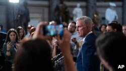 U.S. House Speaker Kevin McCarthy, R-Calif., talks to reporters just after the Republican majority in the chamber narrowly passed a sweeping debt ceiling package as they seek negotiations on federal spending, at the Capitol in Washington, April 26, 2023.