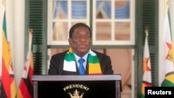 Zimbabwe's President-elect Emmerson Mnangagwa speaks to the media at State House in Harare, Aug. 27, 2023.