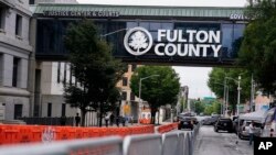 Barricades are seen near the Fulton County courthouse, Aug. 7, 2023, in Atlanta. 