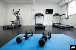 A view of inside the gym onboard the Bibby Stockholm accommodation barge, which will house up to 500 asylum-seekers, at Portland Port in Dorset, England, July 21, 2023.