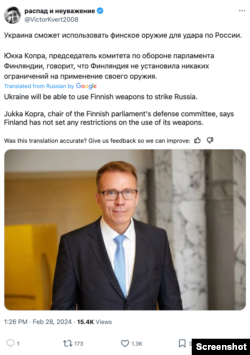 Post falsely equating Finland setting “no restrictions” as letting Ukraine use Finnish weapons to strike Russian territory; Photo credit: X