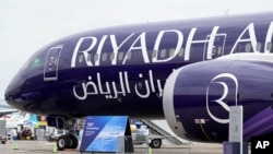 FILE - A Riyadh Air Boeing 787-9 Dreamliner is displayed at the Paris Air Show in Le Bourget, north of Paris, France, June 20, 2023. 