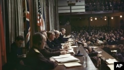 FILE - Members of the International Military Tribunal read the verdicts in the courtroom of the Palace of Justice in Nuremberg, Germany, on Sep. 30, 1946.