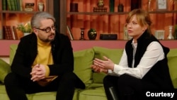 FILE - Georgian journalist Nika Gvaramia and his wife, Sofia Liluashvili, are pictured in 2021, during a show on the pro-opposition broadcaster Mtavari Arkhi. (Mtavari Arkh)