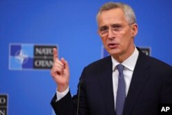 NATO Secretary-General Jens Stoltenberg speaks during a media conference ahead of a meeting of NATO defense ministers at NATO headquarters in Brussels, Feb. 13, 2023.