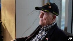 FILE - World War II veteran Hilbert Margol sits during an interview with the Associated Press in Atlanta, Georgia, March 14, 2024. Margol will be feted in France among 60 American veterans traveling to Normandy to mark 80 years since the D-Day landings.