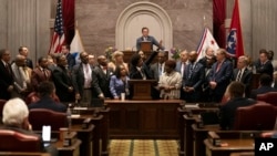 Former Rep. Justin Pearson waves to his supporters in the gallery as he delivers his final remarks on the floor of the House chamber as he is expelled from the legislature April 6, 2023, in Nashville, Tenn.