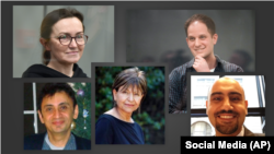 U.S. nationals detained in Russia and detained or formerly detained Iran: Alsu Kurmasheva (top left), Evan Gershkovich (top right), Shahab Dalili (bottom left), Fary Moini (bottom center) and Reza Behrouzi (bottom right).