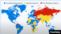 BMT Bosh Assambleyasida 2023-yilning 3-mart kuni Ukrainadagi urushga berilgan berilgan ovozlar: Ko'k rangdagi davlatlar urushni qoralaydi. Sariq rangdagilar betaraf. Qizil rangdagilar esa Rossiyani quvvatlaydi. Markaziy Osiyo respublikalari neytral. 