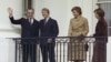 FILE - The Shah of Iran, Mohammad Reza Pahlavi, President Jimmy Carter, Empress Farah Pahlavi and U.S. first lady Rosalynn Carter are pictured on a balcony at the White House in Washington, Nov. 15, 1977.