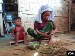 A Rohingya woman readies stems of a wild plant before cooking them at her home in Balukhali camp, Cox’s Bazar, Bangladesh, on July 22, 2023. (Noor Hossain for VOA)