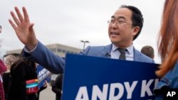 FILE — Representative Andy Kim greets supporters in Paramus, New Jersey, March 4, 2024. Kim won New Jersey's Senate primary on Tuesday, putting him in a strong position for the general election in the blue-leaning state.