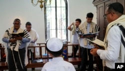 Indonesian Jews pray at Shaar Hashamayim Synagogue in Tondano, North Sulawesi, Indonesia, Oct. 14, 2023.