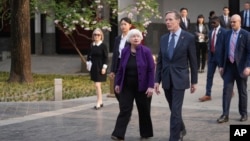 US Treasury Secretary Janet Yellen and US Ambassador to China Nicholas Burns visit the Guozijian Imperial College site in Beijing, Apr. 8, 2024. 