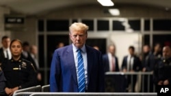 Former President Donald Trump addresses the media following the second day of jury selection, April 16, 2024, at Manhattan criminal court in New York. Trump is charged with falsifying business records to cover up a sex scandal during his 2016 campaign. 