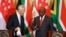 South African President Cyril Ramaphosa, R, and Singapore Prime Minister Lee Hsien Loong attend a media briefing and signing ceremony at Tuynhuys in Cape Town, South Africa, May 16, 2023.