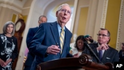 FILE - Senate Minority Leader Mitch McConnell, R-Ky., speaks to reporters at the Capitol in Washington, May 21, 2024.