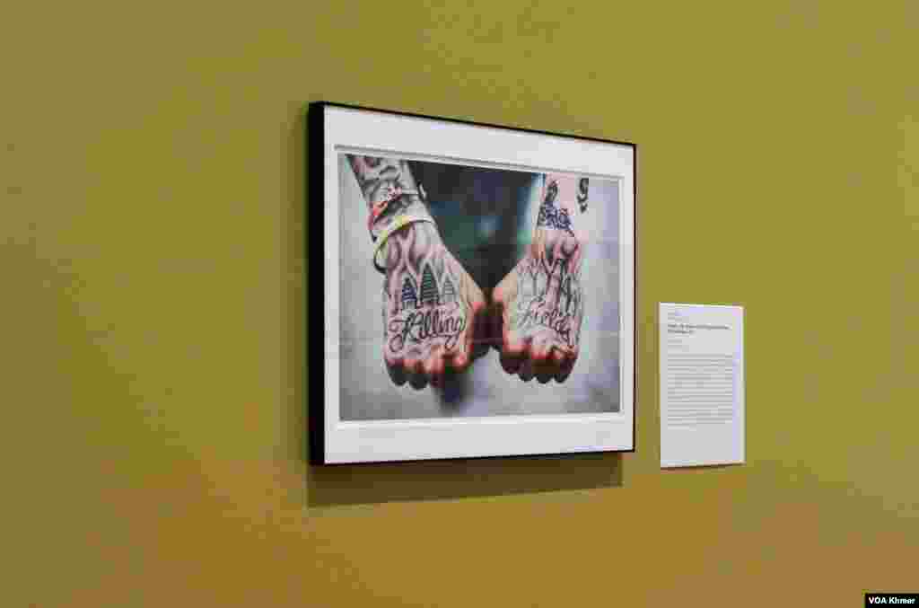 រូបថតដៃសាក់ដែលមានសរសេរថា Killing Field ឬវាលពិឃាត ត្រូវបានដាក់តាំងពិព័រណ៍នៅសាកលវិទ្យាល័យ Michigan ក្នុងក្រុង Ann Arbor ថ្ងៃទី ៥ ខែមេសា ឆ្នាំ២០២៤។ (នីណា យ៉េង/វីអូអេ)
